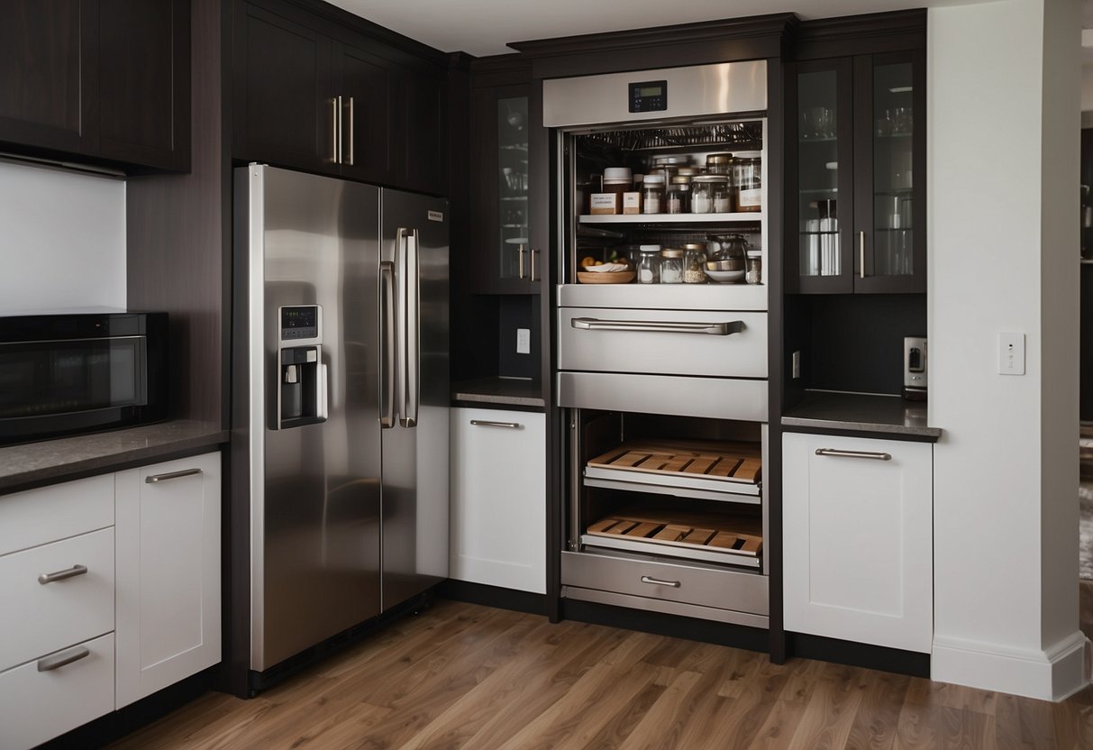 A dumbwaiter filled with furniture, labeled "Frequently Asked Questions," descending in a modern kitchen