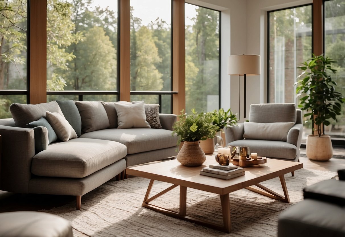 A modern living room with ecolinks furniture, featuring sustainable materials and sleek design. Natural light streams in through large windows, highlighting the eco-friendly decor