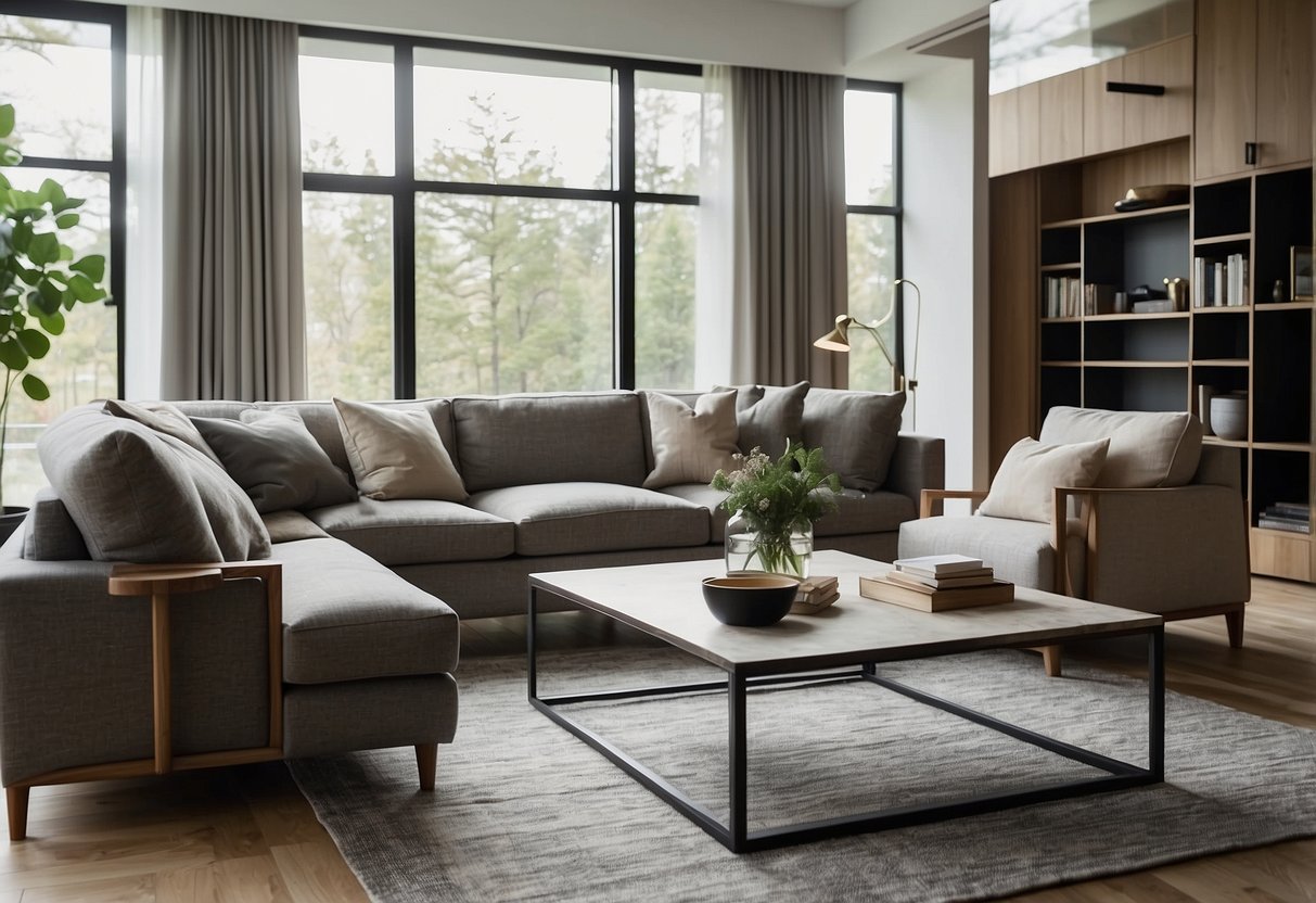 A modern living room with EcoLinks Furniture: sleek, sustainable pieces, natural materials, and clean lines