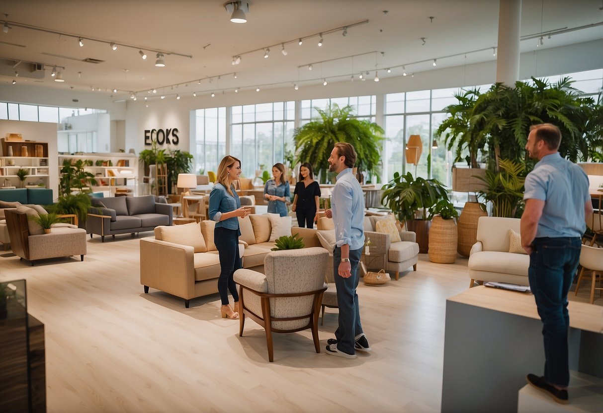 Customers browsing through EcoLinks furniture, admiring sustainable designs and eco-friendly materials. Bright, spacious showroom with natural light and greenery