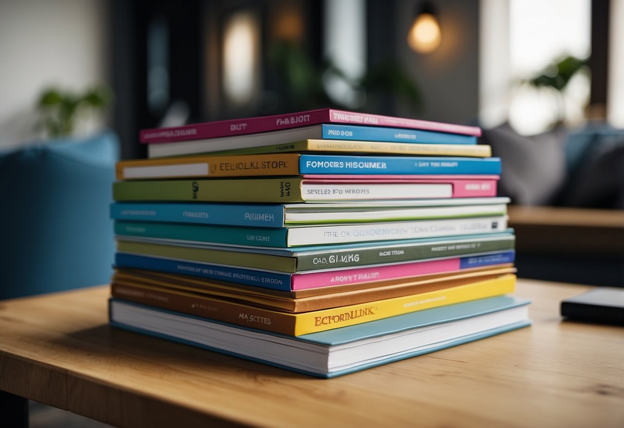 A stack of colorful furniture brochures arranged neatly on a wooden table with a laptop open to the "Frequently Asked Questions" page of the ecolinks furniture website