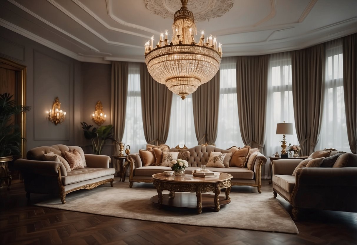 A cozy living room with ornate European-style furniture, including a carved wooden coffee table, a plush velvet sofa, and a grandiose chandelier hanging from the ceiling