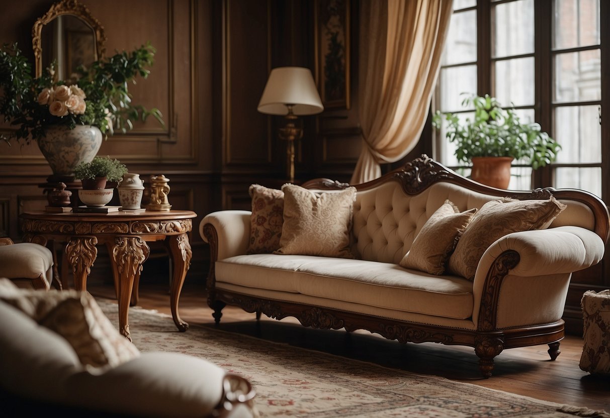 A cozy living room with ornate wooden furniture, intricate carvings, and plush upholstery, exuding a sense of old-world European elegance