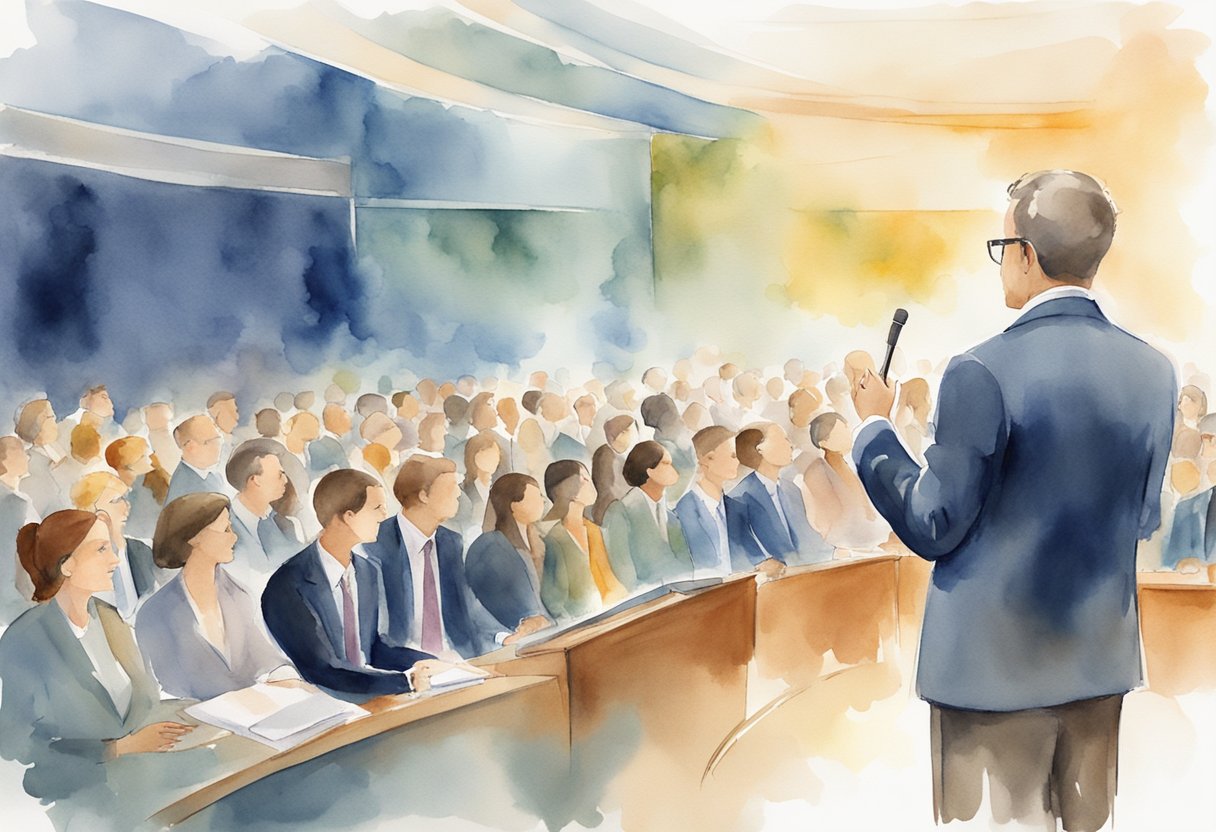 A speaker stands before a large audience, gesturing and using visual aids to convey the power of storytelling in business presentations