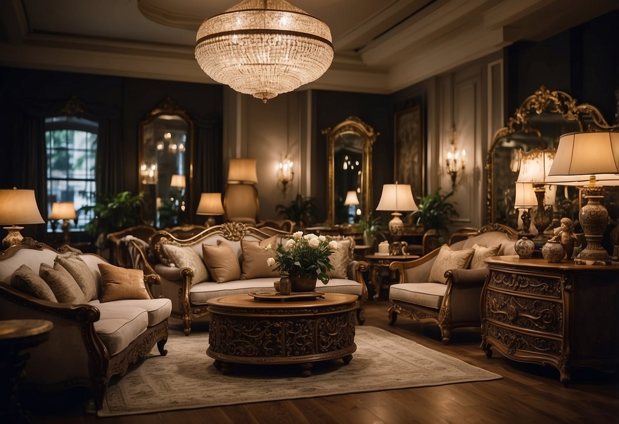 A cozy, dimly lit showroom displays ornate European-style furniture, with intricate carvings and plush upholstery, creating an elegant and inviting atmosphere