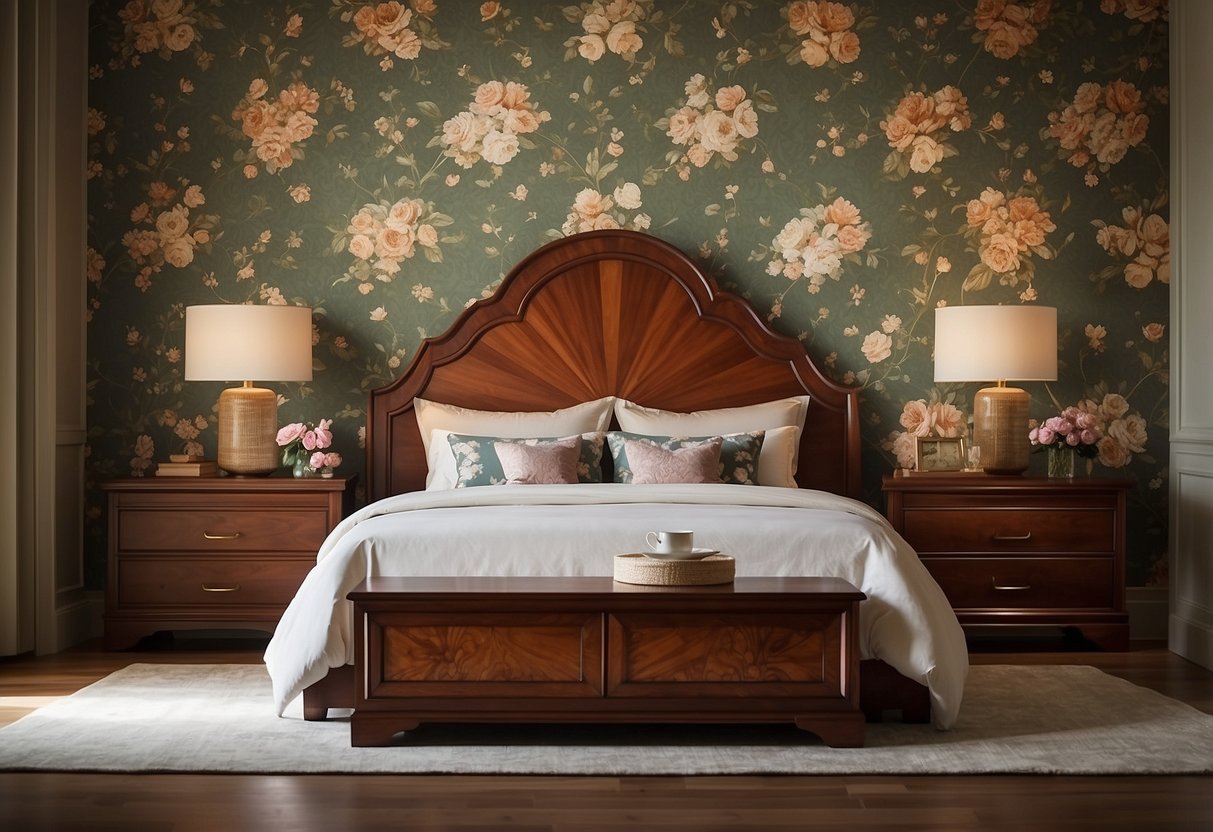 A mahogany bed with a carved headboard sits against a floral wallpaper. A matching dresser and nightstand complete the classic bedroom set