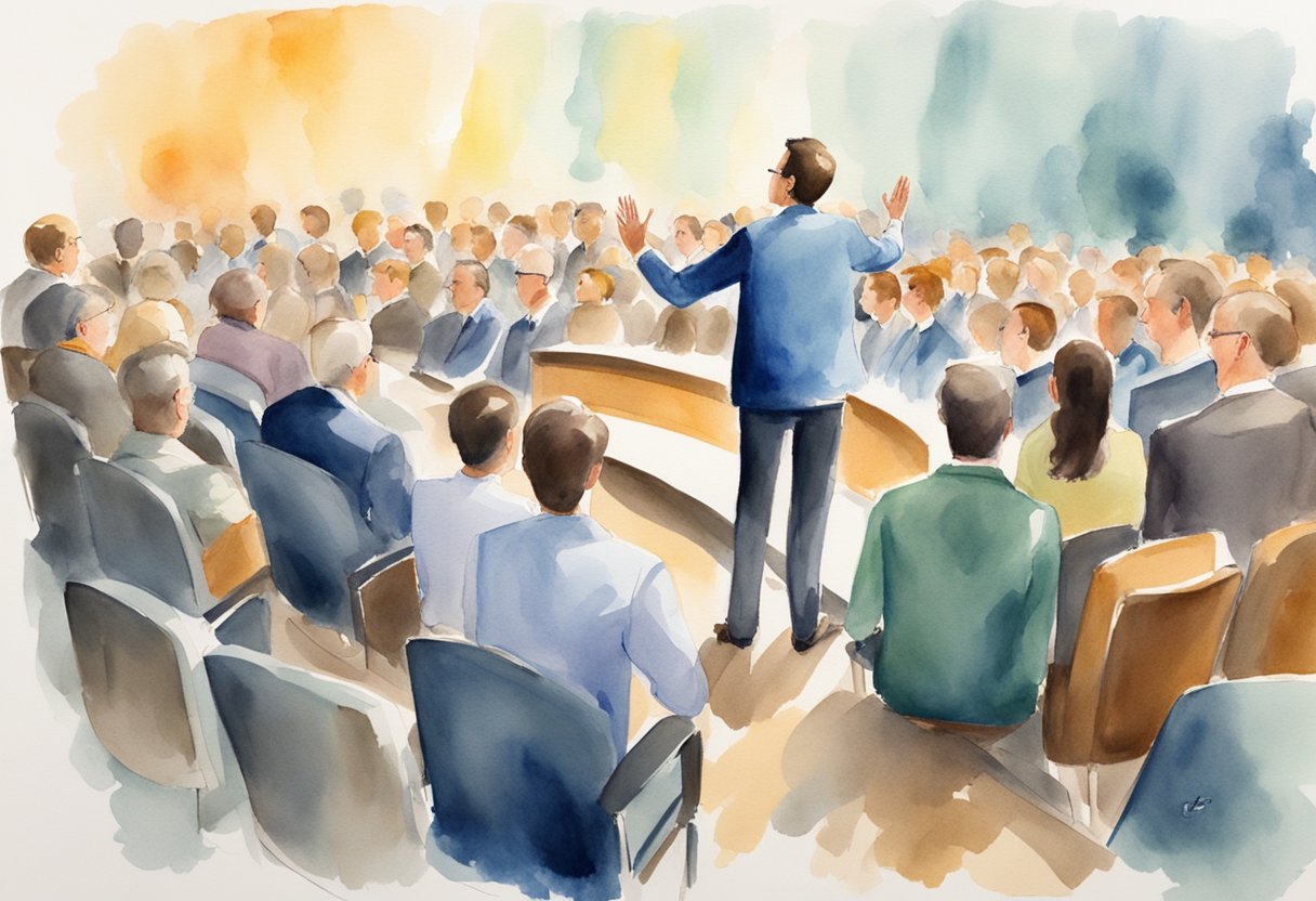 A speaker stands before a large audience, gesturing and using visual aids to captivate their attention. The audience is engaged and attentive, leaning forward in their seats