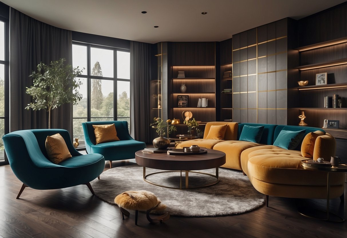 The room is filled with sleek, modern furniture in bold colors and geometric shapes, exuding an air of luxury and sophistication