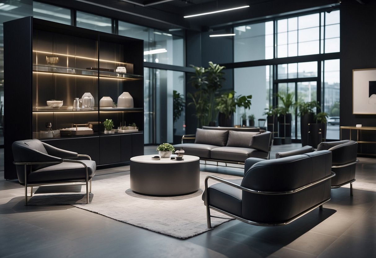 Sleek steel furniture arranged in a modern shop display. Clean lines and minimalist design create a contemporary atmosphere