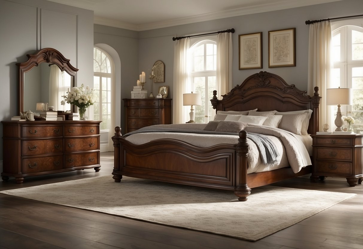 A classic bedroom with a large wooden bed, matching nightstands, ornate dresser, and elegant vanity. Soft lighting and a cozy rug complete the scene