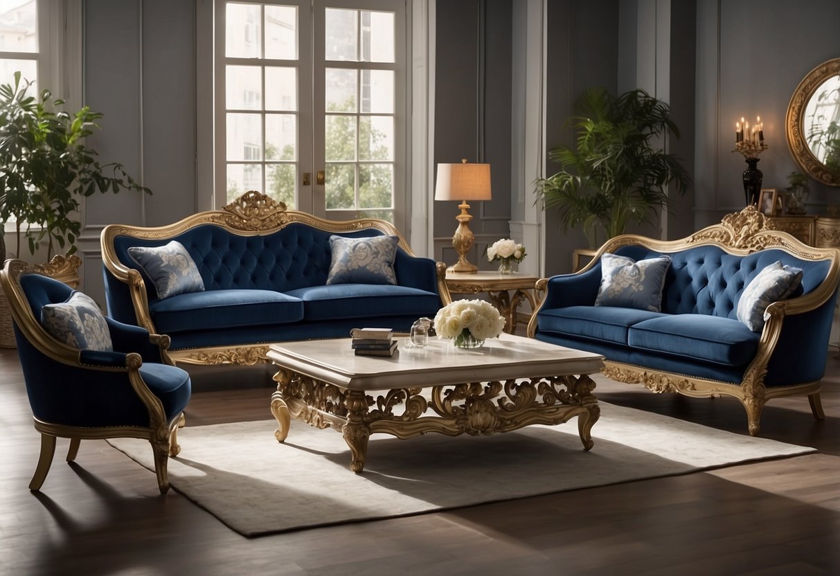 European style furniture arranged in a showroom, with elegant designs and intricate details. Various pieces such as chairs, tables, and cabinets are displayed in a well-lit and spacious setting