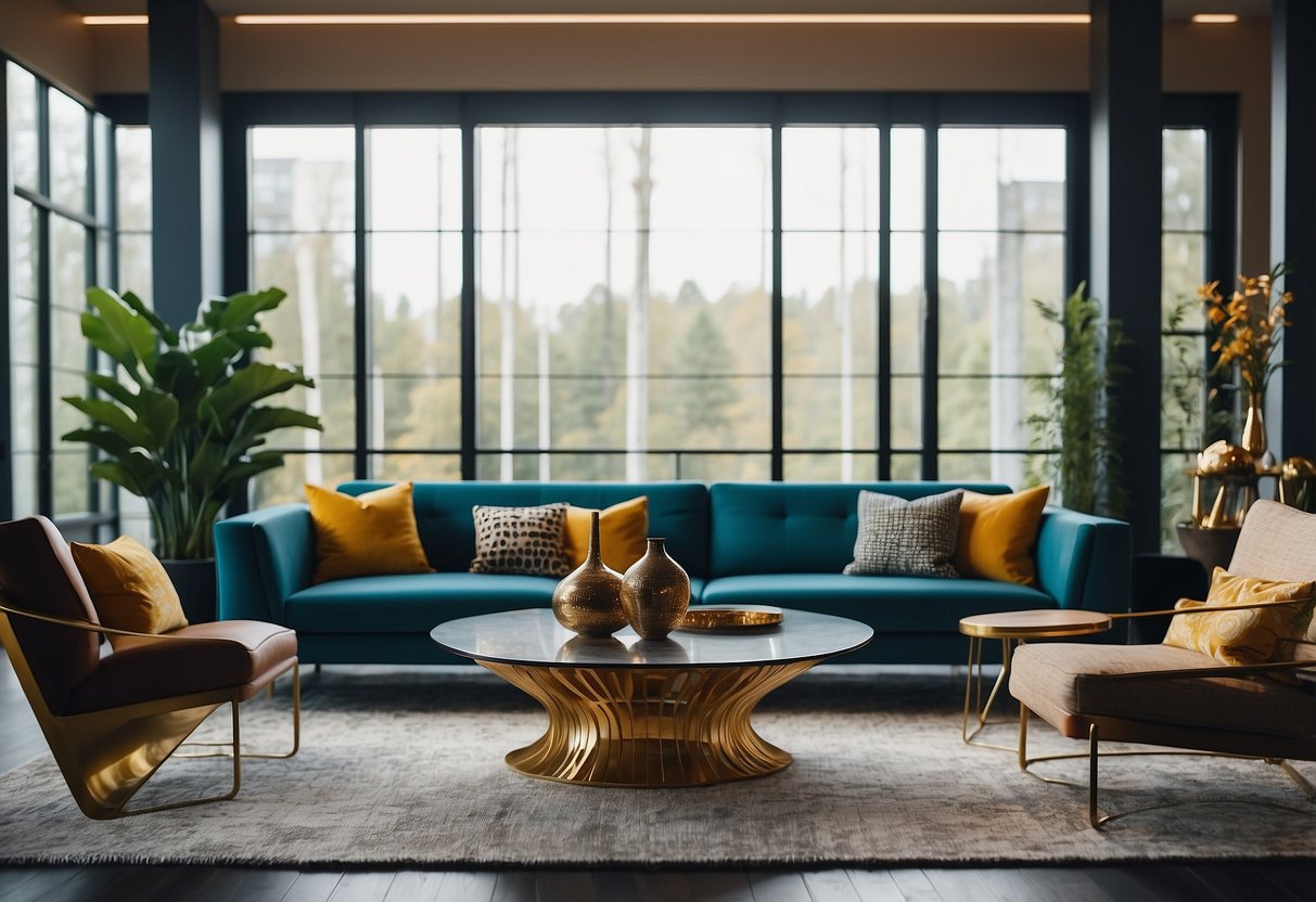 A sleek, modern living room with avant-garde furniture and bold patterns. Bright colors and metallic accents create a luxurious and stylish atmosphere