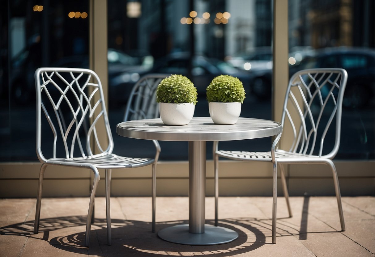 A modern steel chair and table arranged in a shop window display, showcasing sleek lines and minimalist design