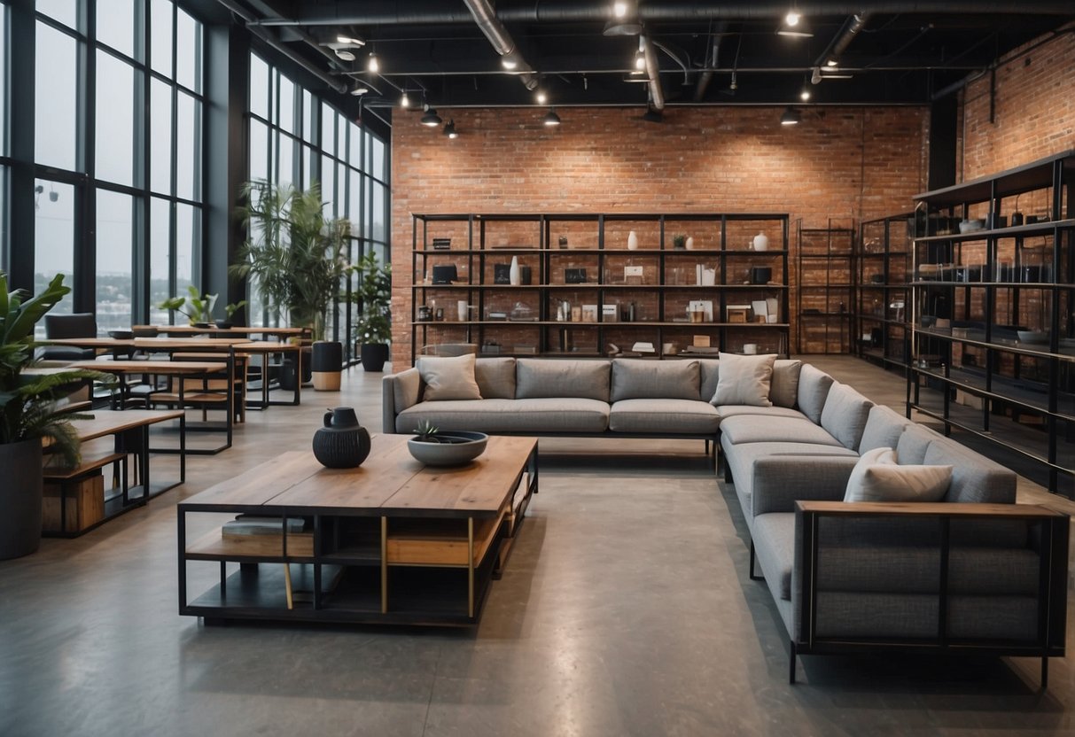 Steel furniture arranged in various shop settings: shelves, tables, and chairs. Clean, modern design with sleek lines and industrial feel