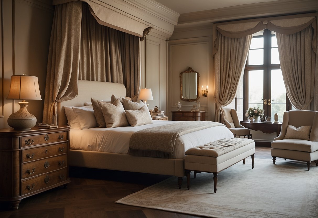 A classic bedroom with elegant furniture, including a four-poster bed, ornate dresser, and vintage bedside tables. Soft lighting and luxurious textiles add to the cozy and sophisticated atmosphere