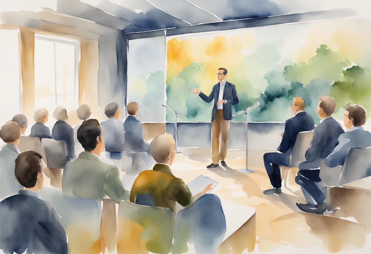 A presenter captivates an audience with engaging visuals and tailored narratives, evoking emotion and connection