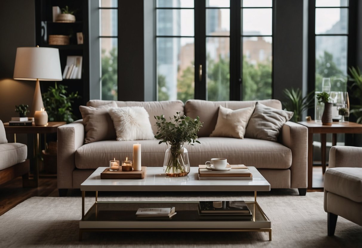 A cozy living room with a modern sofa and coffee table, surrounded by stylish decor and soft lighting