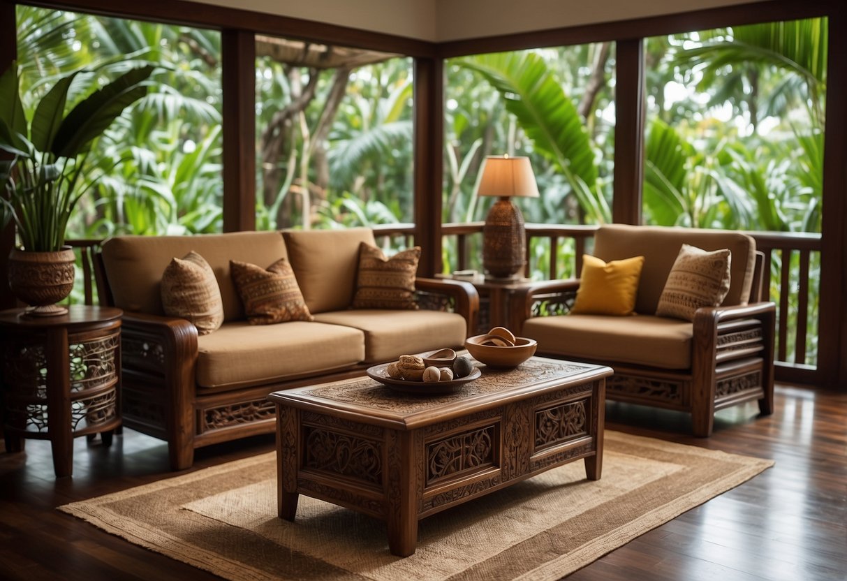 A cozy living room with Bali wood furniture, including a carved coffee table, intricately designed chairs, and a beautiful teak wood cabinet