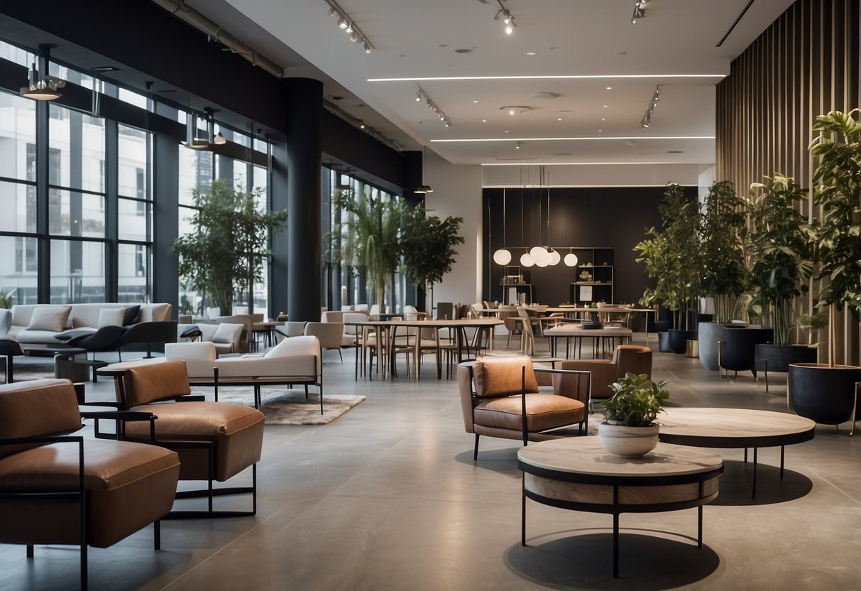 A modern steel furniture shop with clean lines and sleek designs. Displayed items include chairs, tables, and shelves. Bright lighting and minimalistic decor create a contemporary atmosphere