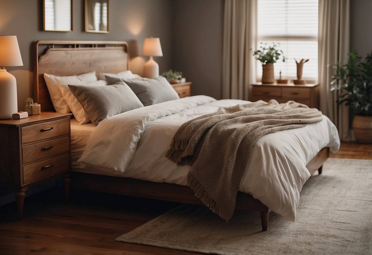 A cozy bedroom with a classic wooden bed, matching nightstands, and a vintage dresser. Soft lighting and a neutral color palette create a serene atmosphere