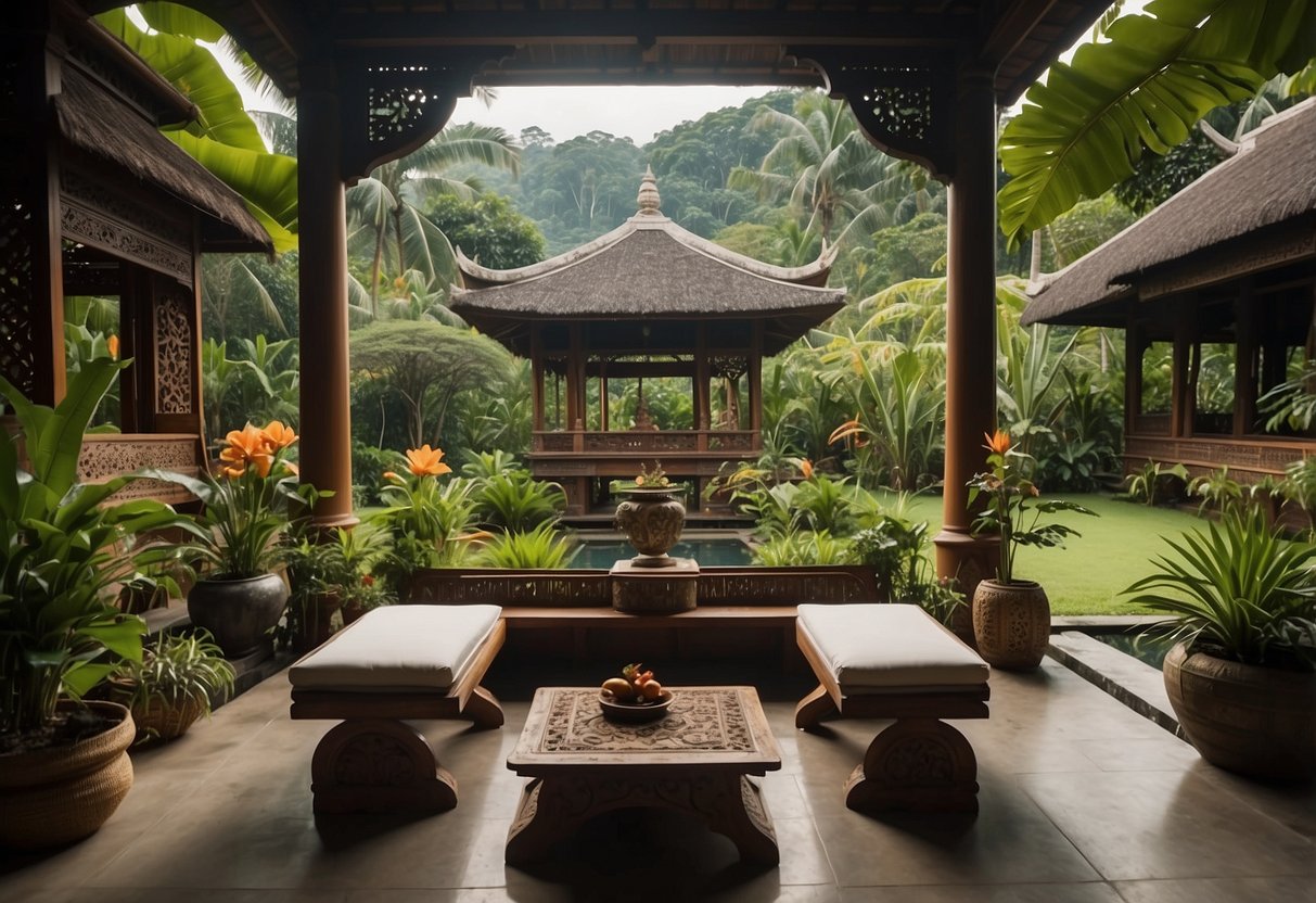 A serene Balinese garden with intricately carved wooden furniture, surrounded by lush greenery and vibrant tropical flowers