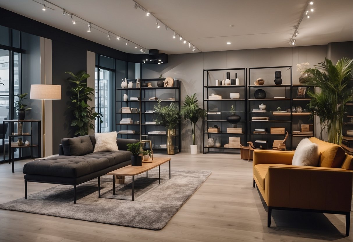 A sleek, modern furniture showroom with trendy pieces arranged in an inviting display. Shelves and racks neatly showcase stylish decor and accessories