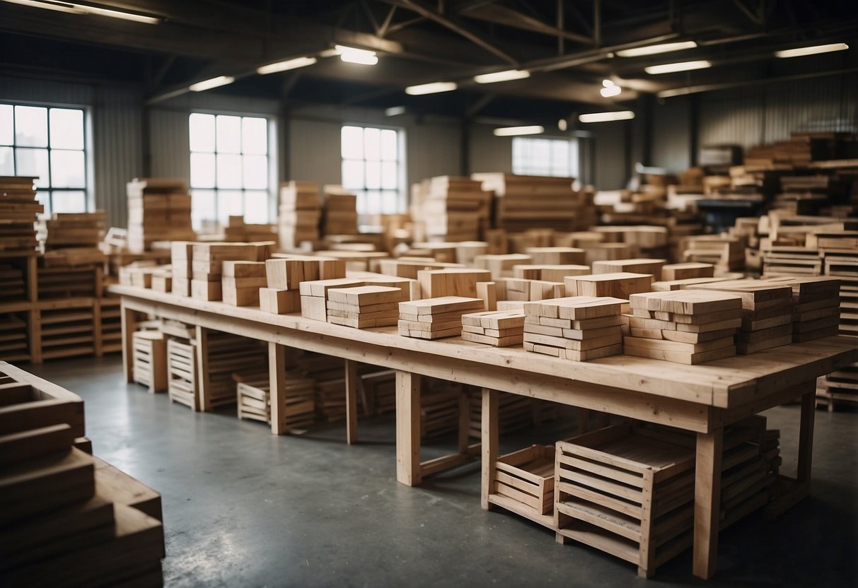 A spacious, airy workshop filled with the earthy scent of freshly cut wood. Artisans meticulously craft intricate designs, surrounded by stacks of raw materials and finished pieces awaiting shipment
