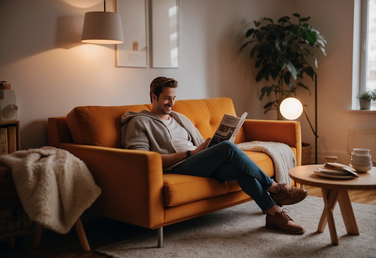 A cozy living room with modern furniture, soft lighting, and a warm color scheme. A person is seen reading a magazine and smiling