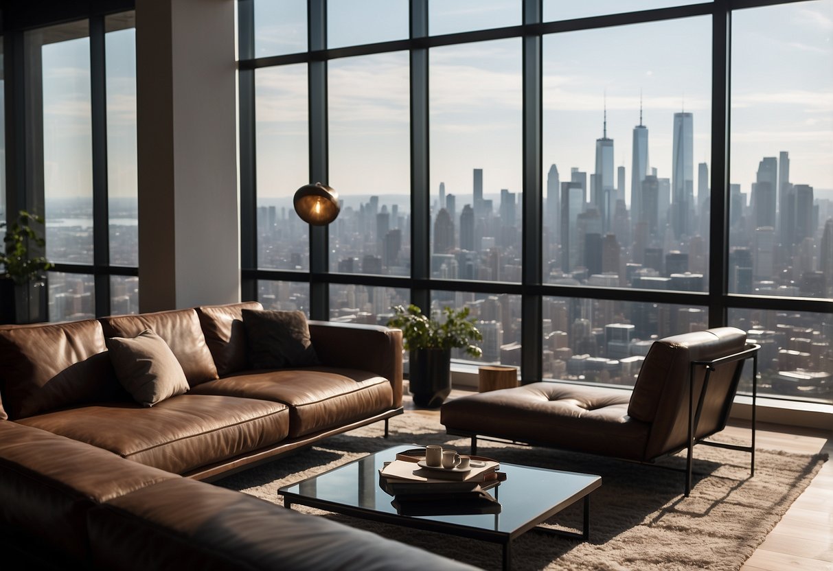 A modern living room with sleek furniture, including a leather sofa, glass coffee table, and minimalist shelves, set against a backdrop of floor-to-ceiling windows with a view of the city skyline