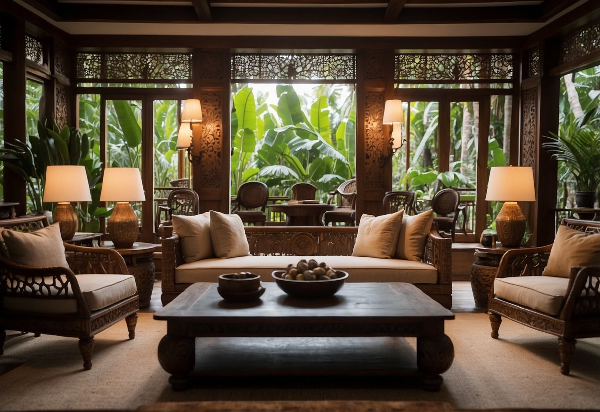 A cozy living room with a handcrafted Bali wood coffee table, surrounded by elegant chairs and shelves displaying intricate wood carvings