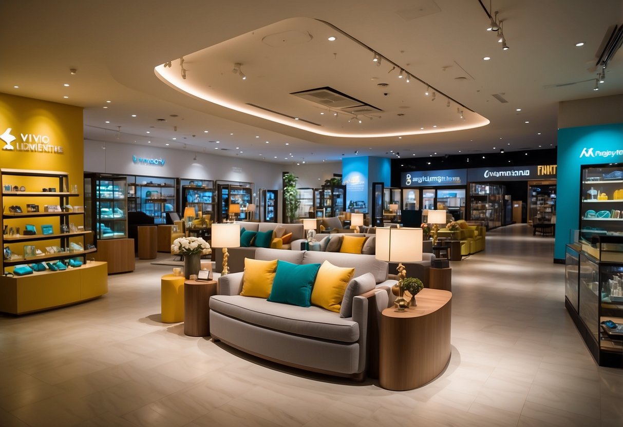 VivoCity furniture stores showcase modern designs and vibrant colors. Brightly lit displays attract shoppers
