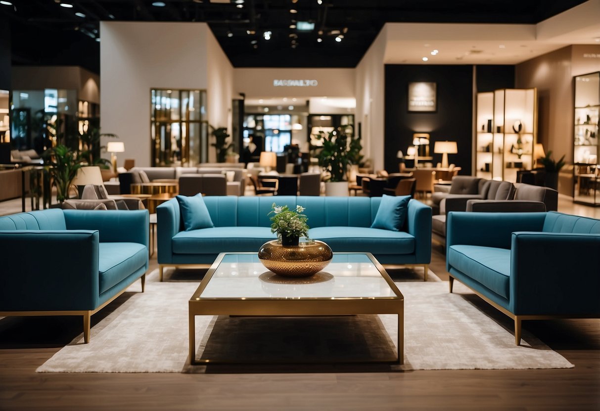 Customers browse modern furniture in Tanglin Mall's spacious showroom. Bright lighting highlights sleek sofas and elegant dining sets. Mirrored surfaces reflect stylish decor, creating an inviting atmosphere