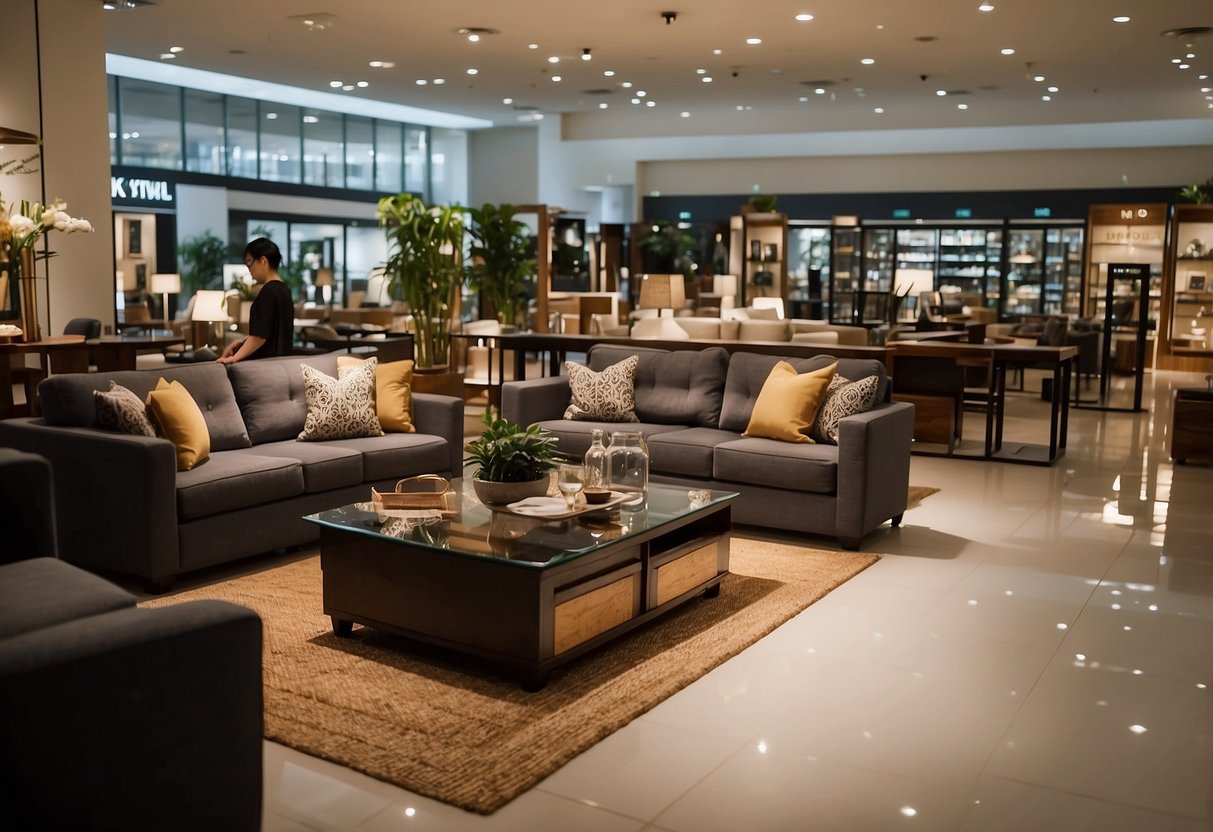 Customers browsing furniture displays in a spacious, well-lit shop at Tanglin Mall. Various pieces arranged neatly with price tags and signs