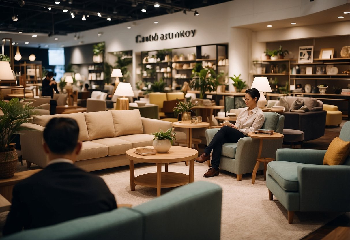 A bustling furniture store at Vivocity, with customers browsing and staff assisting. Shelves are stocked with various home decor items and a large sign reads "Frequently Asked Questions."
