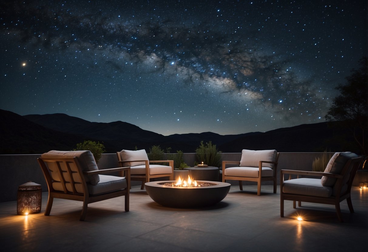 A sleek, modern outdoor furniture set sits under a starry night sky, surrounded by vast open space