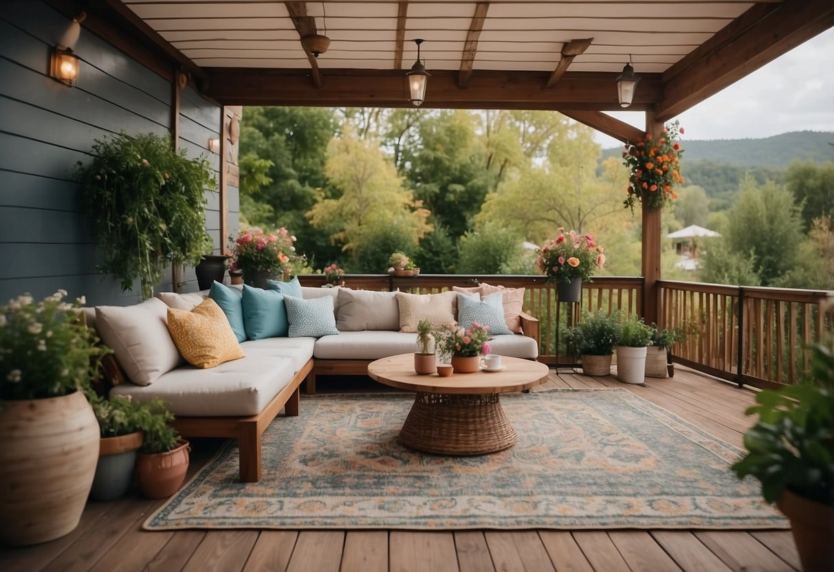 A cozy outdoor oasis with a comfortable seating area, surrounded by lush greenery and colorful flowers. A table with refreshments and a cozy rug complete the inviting space