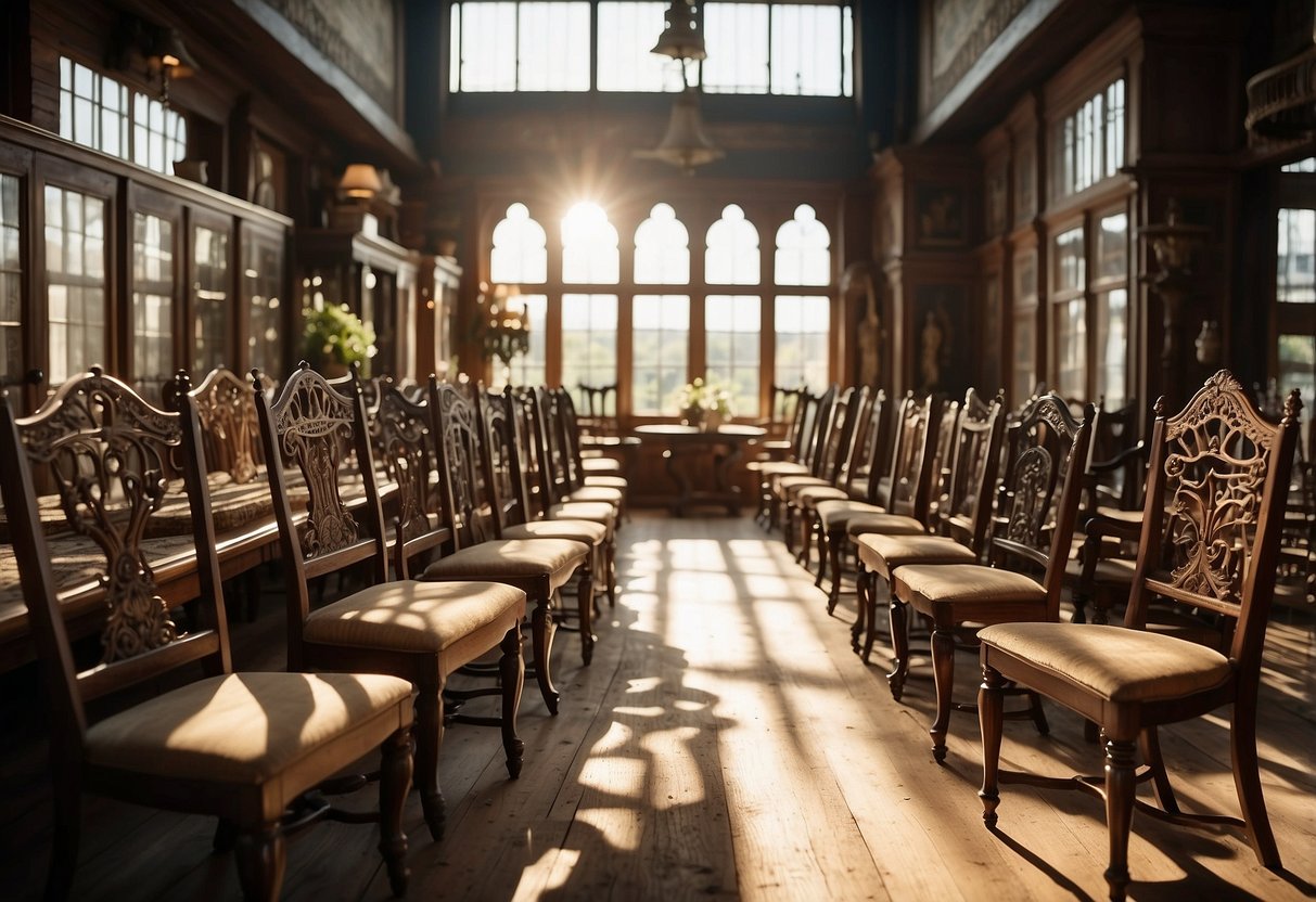 Antique shop filled with ornate chairs, tables, and cabinets. Sunlight filters through dusty windows, casting a warm glow on the aged wood and intricate carvings
