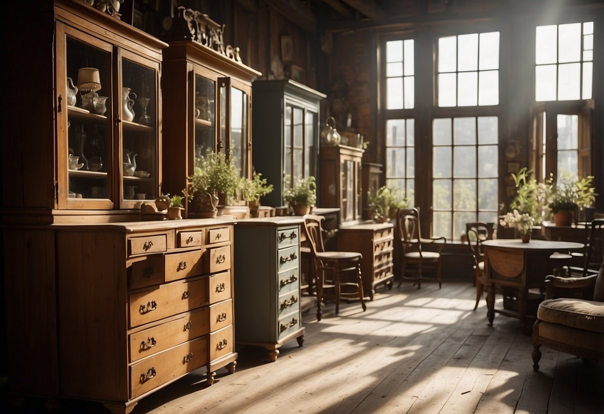 A cozy shop filled with antique dressers, ornate mirrors, and weathered chairs. Sunlight streams through the dusty windows, casting a warm glow on the aged wood and faded fabrics