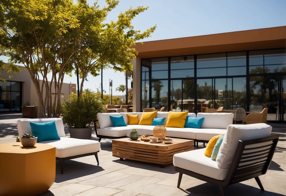 An outdoor furniture showroom with sleek, modern designs. Bright sunlight highlights the clean lines and vibrant colors of the displayed pieces