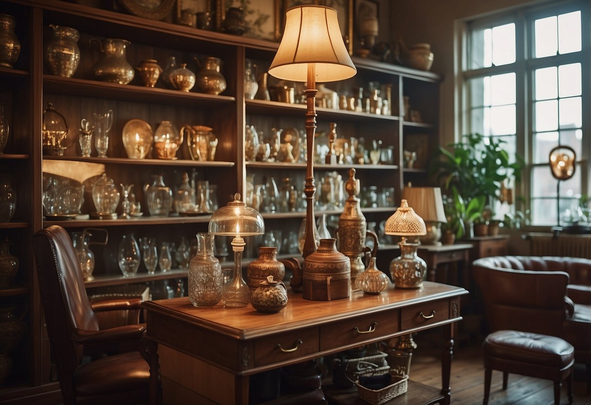 A cozy vintage furniture shop with shelves of antique trinkets, retro lamps, and mid-century chairs. Sunlight streams through the windows, casting a warm glow on the eclectic collection