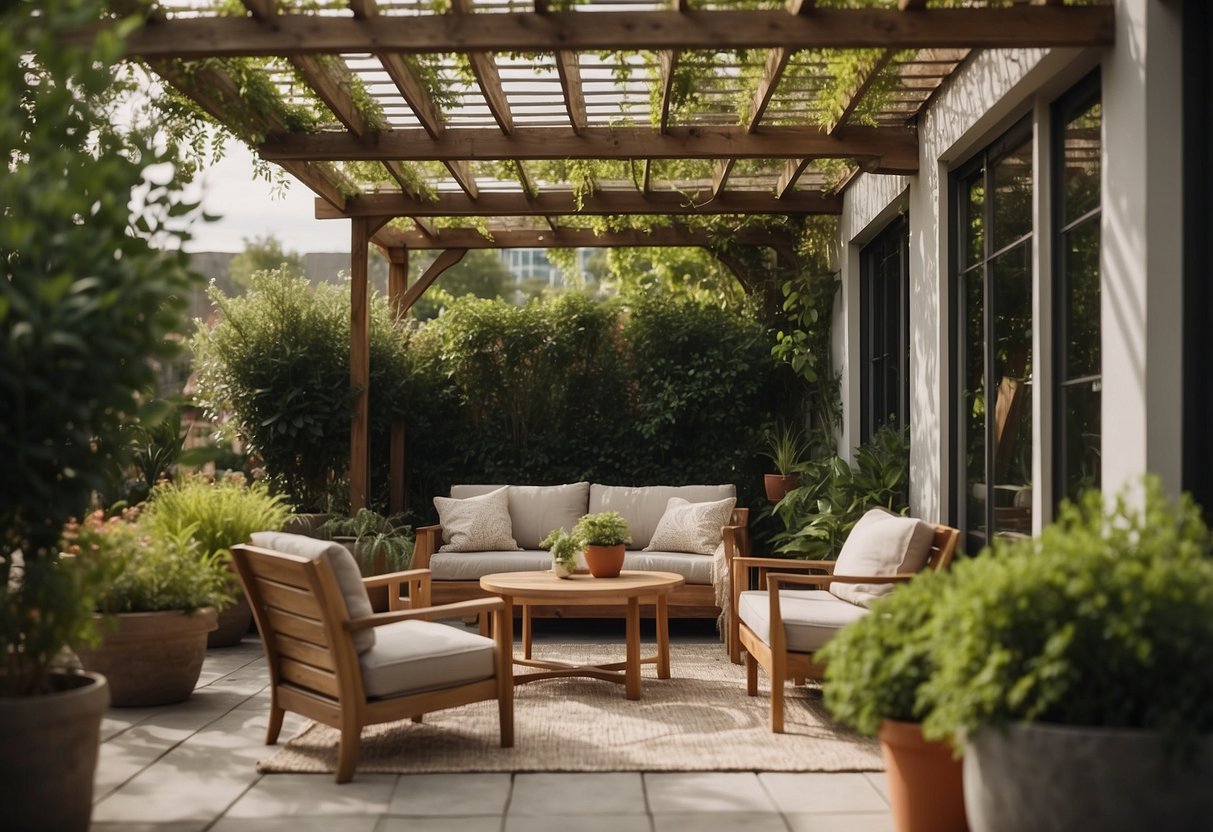 A cozy outdoor seating area with a pergola, comfortable chairs, and a table. Lush greenery and potted plants surround the space, creating a peaceful and inviting atmosphere