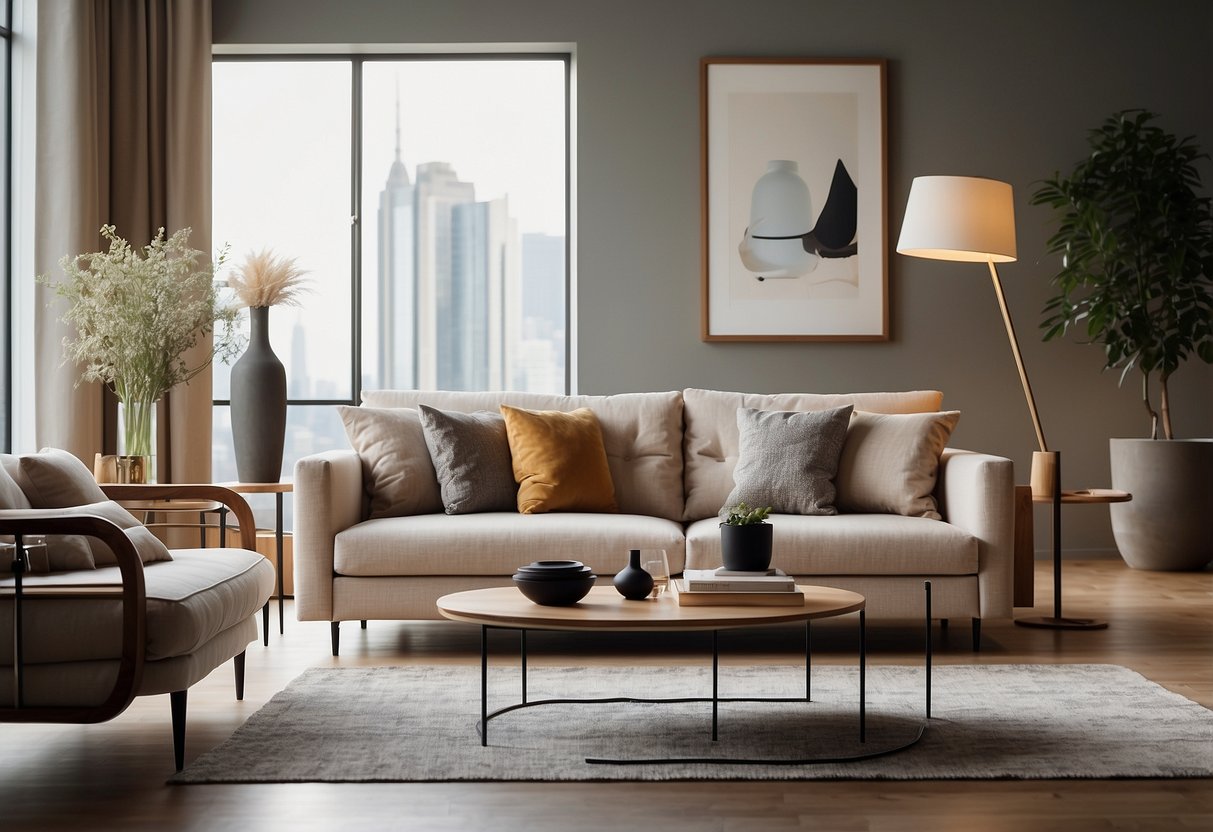 A modern living room with a sleek sofa, coffee table, and floor lamp. The furniture is arranged in an inviting and stylish manner, with clean lines and neutral colors