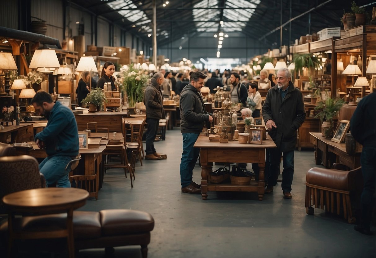 A bustling vintage furniture market with customers browsing unique items and vendors answering questions
