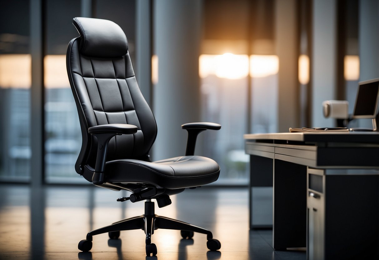 A sleek, ergonomic office chair with adjustable lumbar support and padded armrests sits in front of a modern desk with cable management features
