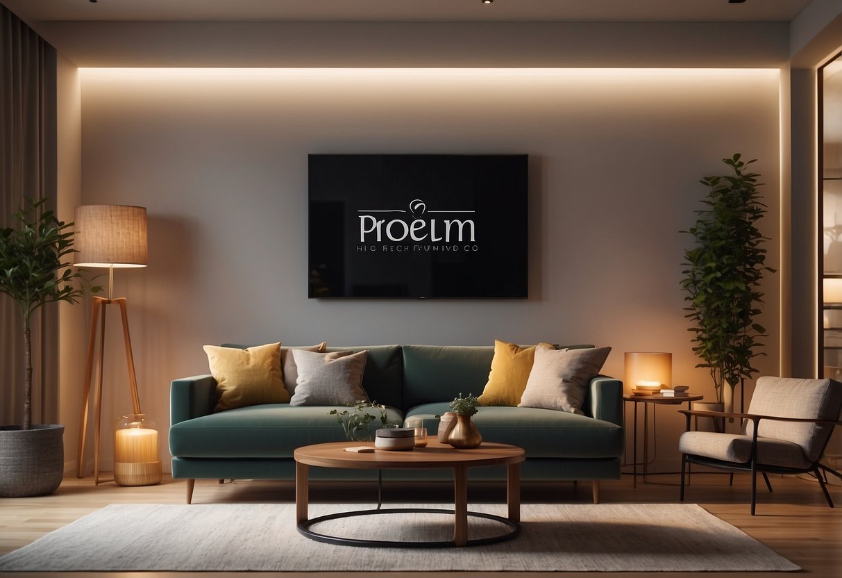 A cozy living room with modern furniture, warm lighting, and a welcoming atmosphere. The furniture brand's logo is subtly displayed in the background