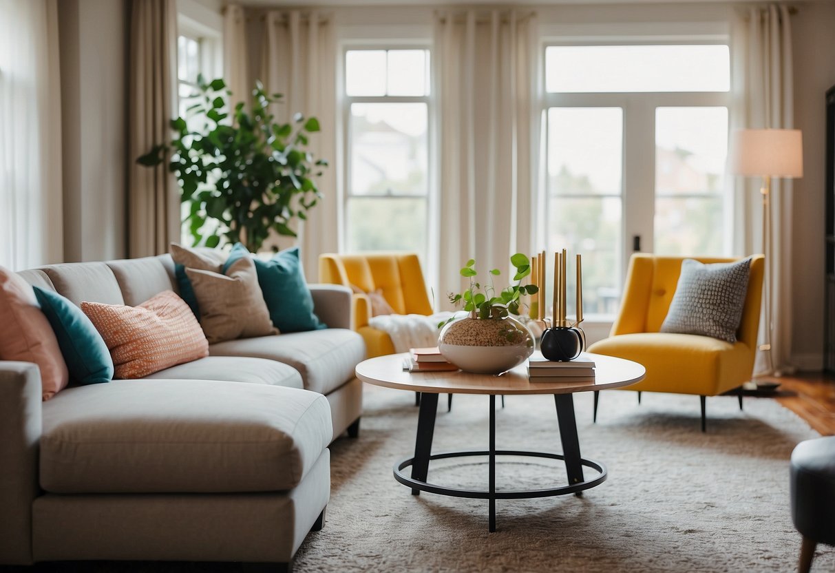 A cozy living room with a stylish sofa, vibrant accent chairs, and a modern coffee table. Soft lighting and a pop of color add warmth to the space