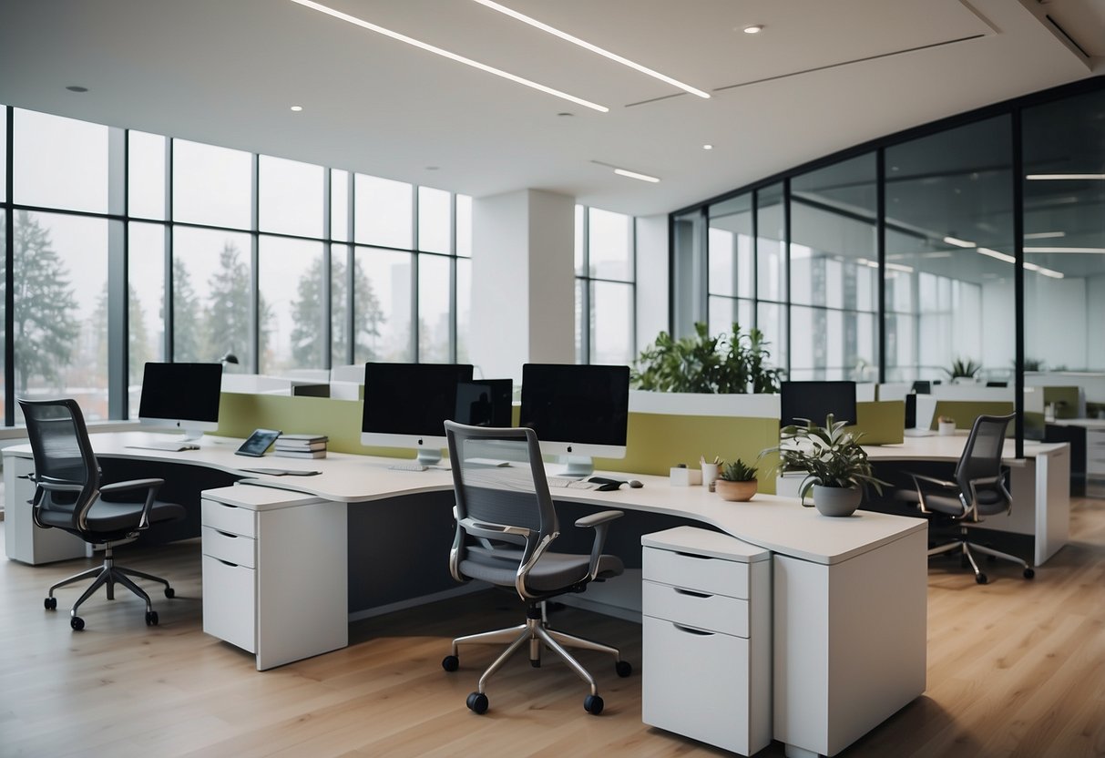 A modern office with sleek desks, ergonomic chairs, and stylish storage units from top furniture brands