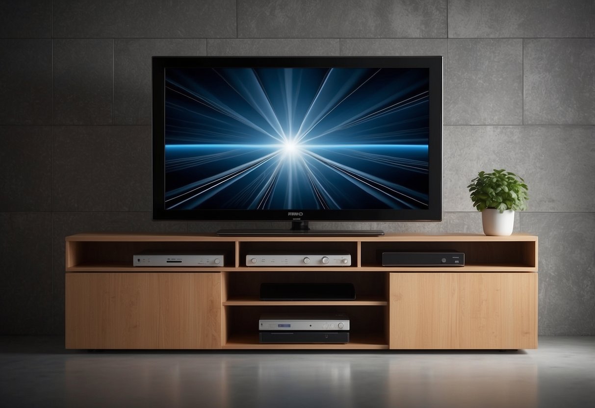 A television stand sits against a wall, holding a flat-screen TV, with shelves for electronics and storage space for DVDs and remotes