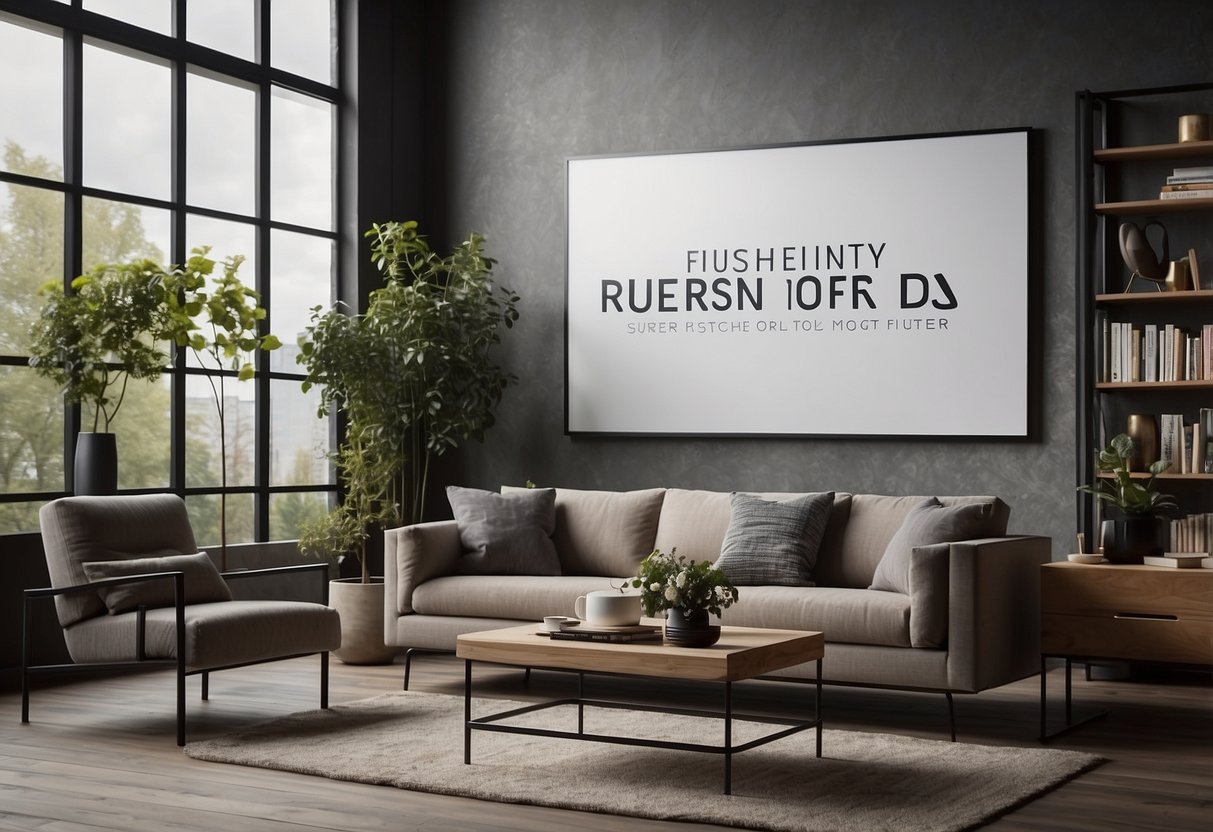 A modern living room with a sleek sofa, coffee table, and bookshelf. A large banner with "Frequently Asked Questions" hangs above the furniture