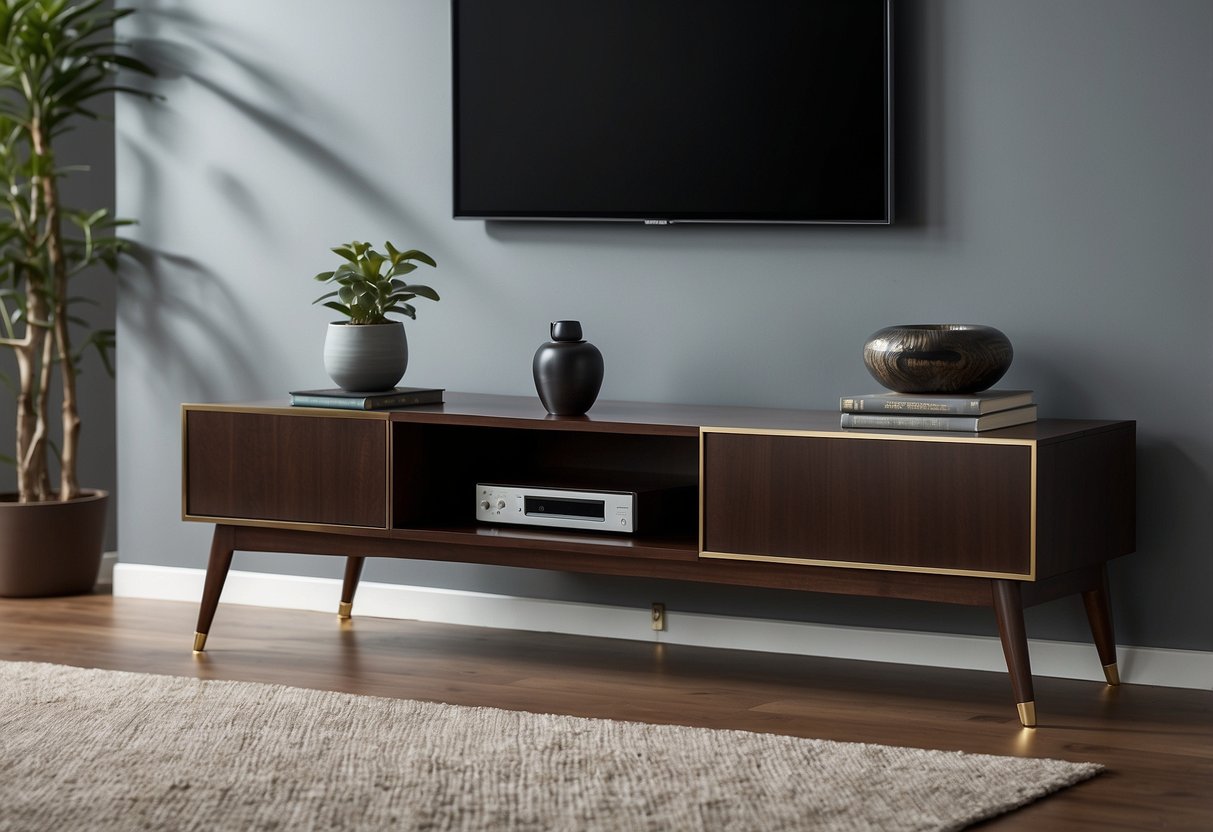 A sleek, modern TV stand with clean lines and a minimalist design. The stand is made of dark wood with metallic accents, and it features open shelves and hidden storage compartments